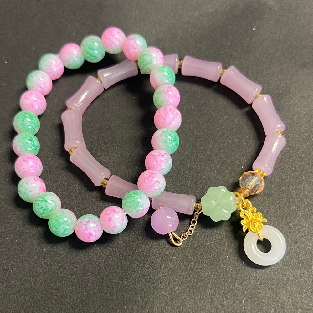 Pink and Green Beaded Bracelet Set